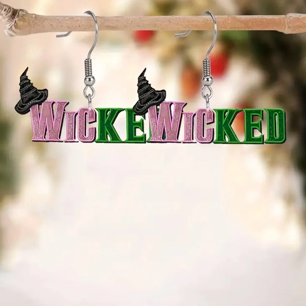NWT! Wicked Pierced Dangle Earrings in Pink and Green with Black Witch Hat!